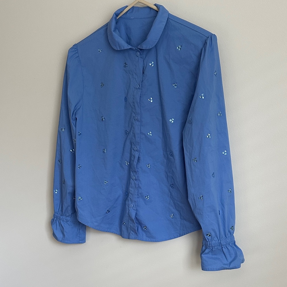 Elegant Blue Women's Poplin Button Down Shirt with Bedazzling